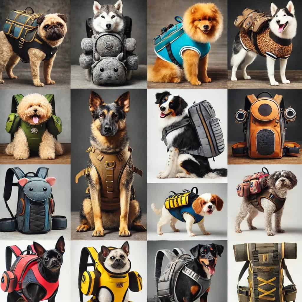 Dog Backpacks: Practical and Fun Solutions for Adventurous Dogs 2 a variety of dogs with Backpacks