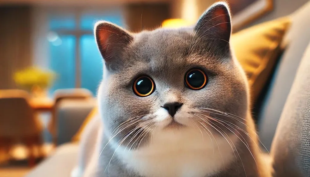 A playful gray and white British Shorthair cat with short, plush fur lying on a soft couch, looking curious with big round eyes.