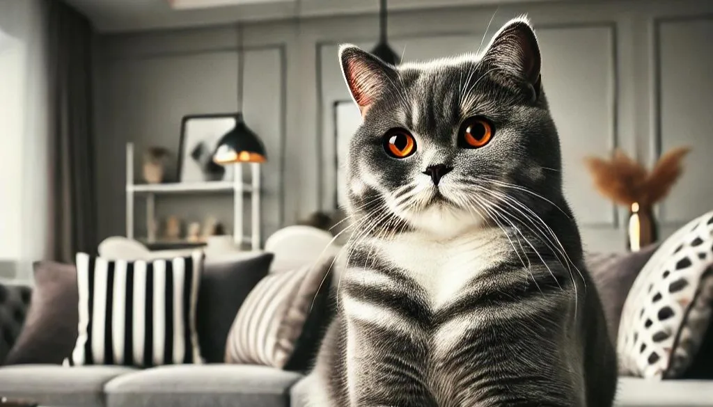 An elegant Xzibit British Shorthair cat with a striking coat pattern