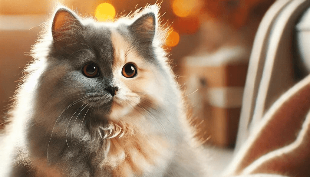 A dilute tortoiseshell cat sitting in a cozy indoor environment with soft, pastel-colored fur, blending shades of gray, cream, and fawn