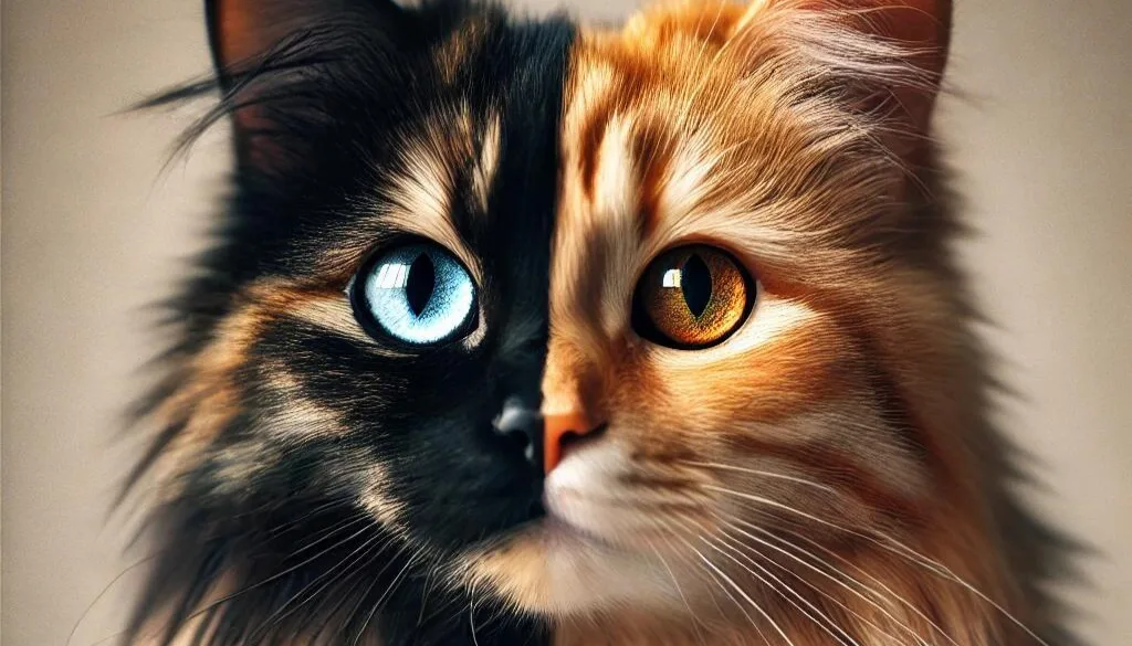 A chimera cat with a split-colored face, one half of the face is black and the other half is orange, with mismatched eyes, one blue and one green