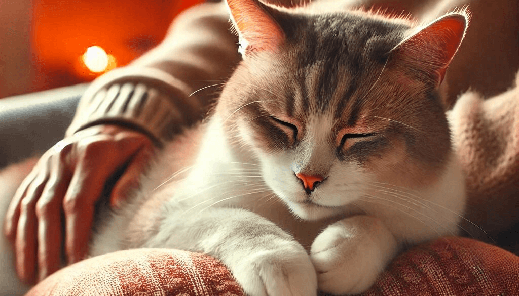 A calm elderly cat resting comfortably on a soft cushion, showing signs of relief and comfort. The cat appears relaxed, with its eyes half-closed