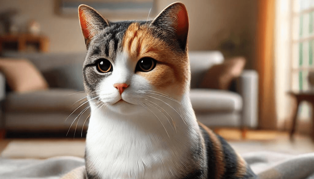 co tabby cat sitting comfortably on a soft blanket. The cat has the distinctive calico pattern of white, black, and orange fur